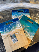 Load image into Gallery viewer, Ocean Wave Resin Art Bamboo Cutting Board – 9" x 12" Coastal Kitchen &amp; Housewarming Gift
