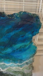 Load and play video in Gallery viewer, Green “Marble” Slab Turquoise Resin wave art
